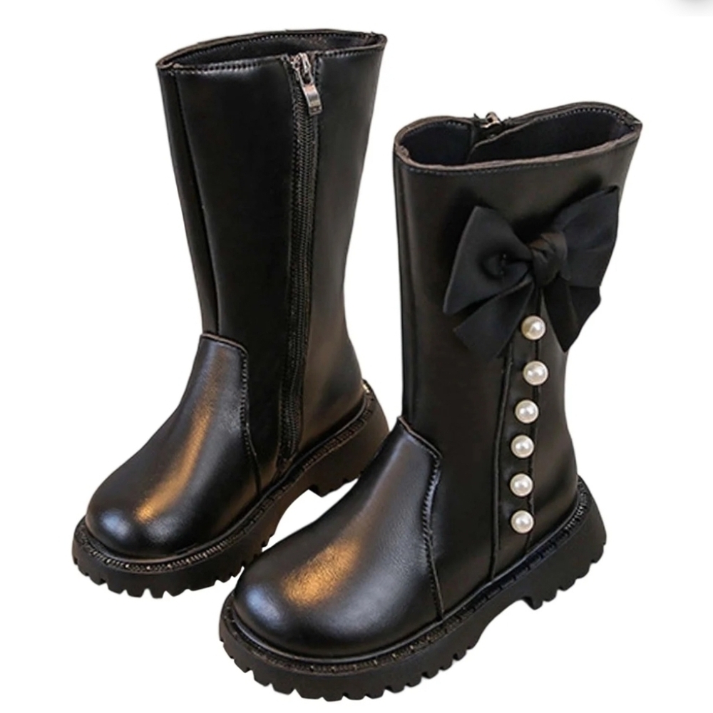 NWOT Girls' Black Boots with Bow and Pearl Detail, Size 32 (US 13) - Picture 1 of 11